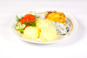 Baked Potato filled with meat and cheese on white plate