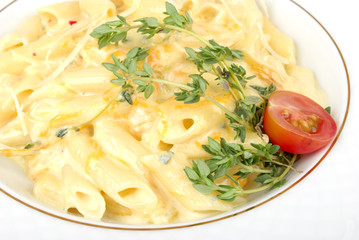 tasty pasta with cream, cheese and parsley close up