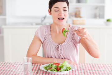 Obraz na płótnie Canvas Smiling brunette woman eating salad