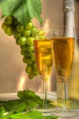 Champagne in glass,bottle,grapevine and grapes.