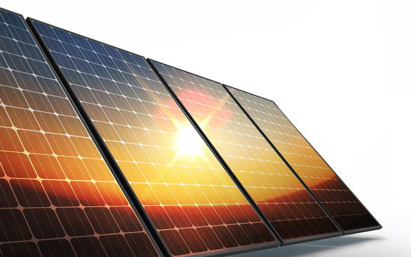 Isolated Photovoltaic Cells, In Sunset Reflecting New Eco Future