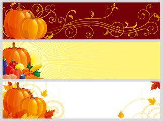 banners with pumpkins, vegetables and leaves for web design