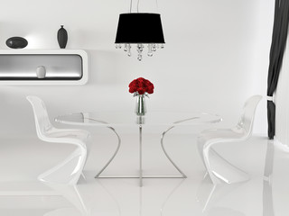 Two chairs and table with vase in minimalism interior. Space. Cu