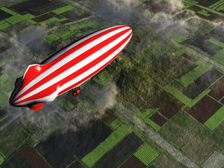 Zeppelin flying over farmland  3D digital render © heywoody