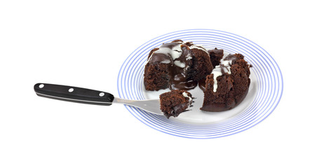Chocolate lava cake with fork on blue plate