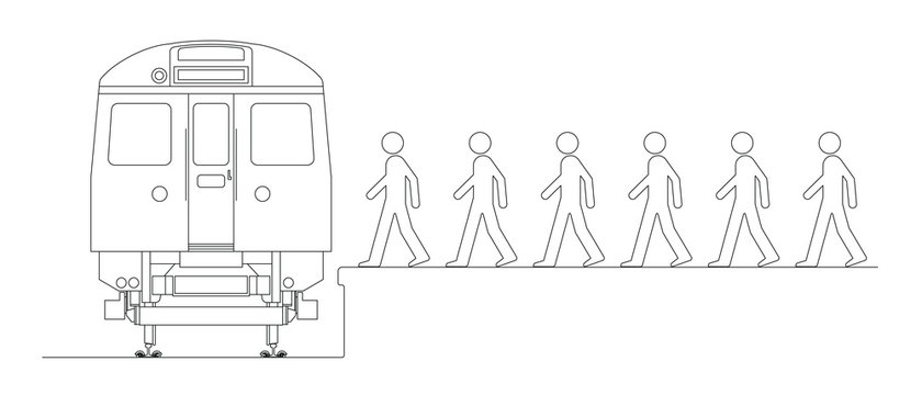 Line drawing of commuters boarding a train