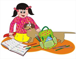 girl and dashund, school  equipments, funny vector illustration