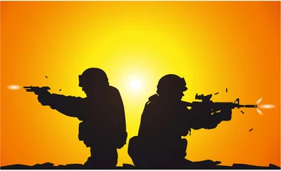 Abwaschbare Fototapete Militär Silhouette von schießenden Soldaten
