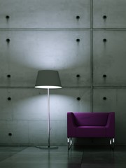 Wohndesign - lila Sessel vor Betonwand