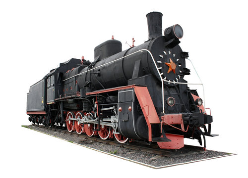 Old black locomotive isolated