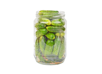 Glass jar with cucumber gherkin, isolated on white background