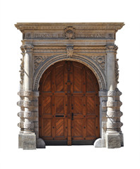 Old large wooden door - door portal - white background - obrazy, fototapety, plakaty