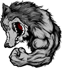 Obraz premium Wolf Mascot Flexing Arm Cartoon