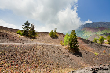 mountain path in clinker ground on volcano Etna