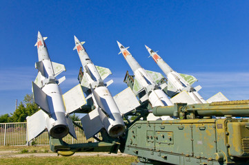 Antiaircraft rockets on the launcher against blue sky