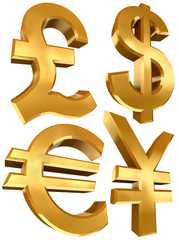 pound dollar euro and yen golden symbols