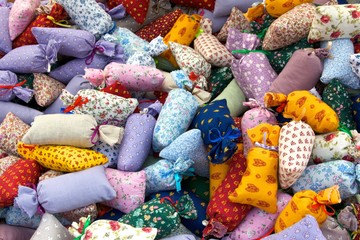 A basket of lavender bags on a Market stall