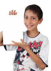 Kid show and holding white blank empty paper sign space