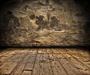 Grunge wall with wooden plank floor