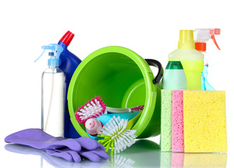 detergent bottles, brushes, gloves and sponges in bucket