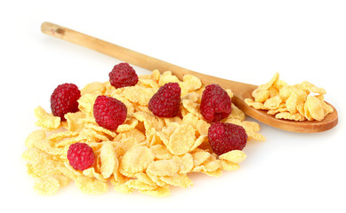 tasty cornflakes and raspberries isolated on white