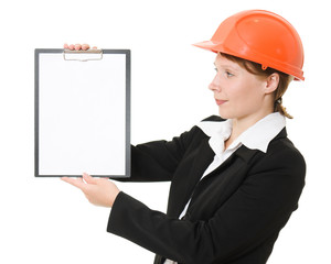 Businesswoman in a helmet on a white background.