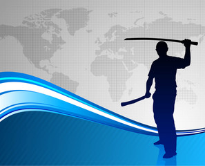 Karate Sensei with Sword on Abstract World Map Background