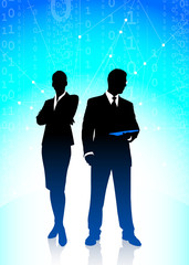 Business Couple on Binary Code Background