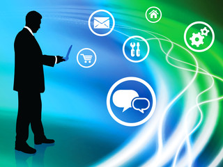 Businessman on Liquid Background with Internet Icons