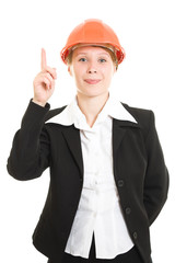 Businesswoman in a helmet on a white background.