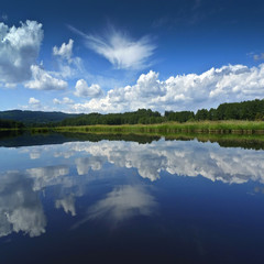 sky mirroring in lake water