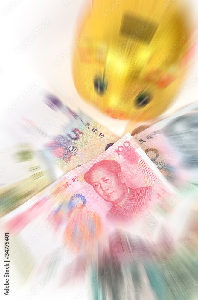 Wall mural Chinese currency and piggy bank