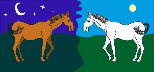 Brown and white horse (day and night)