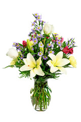 Colorful flower arrangement centerpiece in glass vase