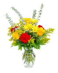 Colorful flower arrangement centerpiece in glass vase