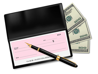 Checkbook with check, pen and dollars. Vector.