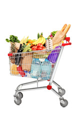 A shopping cart full with groceries