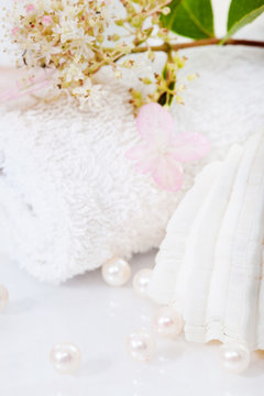 wellness concept, shell, pearls towel and flower