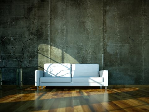 Wohndesign - weisses Sofa vor Betonwand