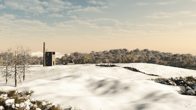 Cornish Mine Engine House in Snow