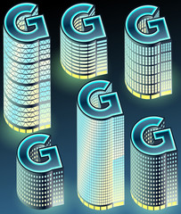 Fototapeta premium Set of night buildings in form of alphabet. Letter G