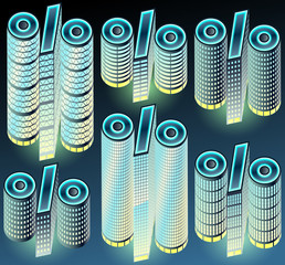 Set of night buildings in form of alphabet. Letter procent