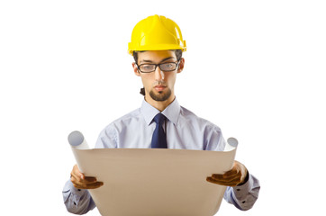 Engineer working with drawings on white