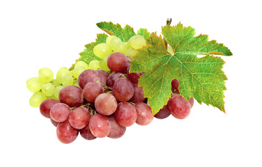 Red and white grapes and green leaf isolated on white