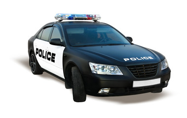 Police car isolated on white, patrol automobile of policeman - obrazy, fototapety, plakaty