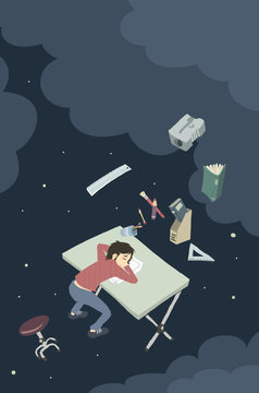 Dibujante so&ntilde;ando mientra duerme en su mesa de dibujo