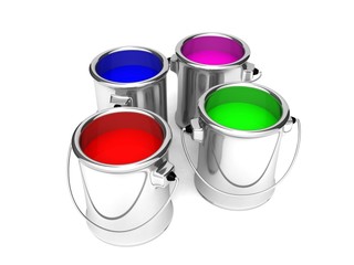 paint cans, red,blue,green and pink