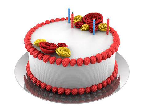 Round Birthday Cake With Candles Isolated On White Background