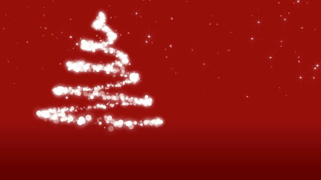 Animazione albero di natale su sfondo rosso con auguri