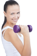 Portrait of fitness woman working  with small weights